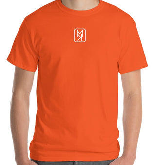 Men’s back orange t-shirt with patron bottle on beach and just Another Day In Paradise text.