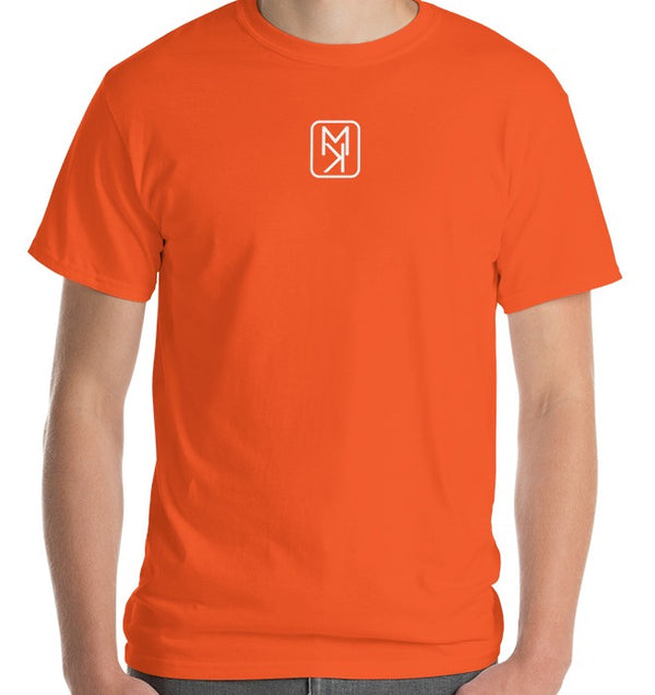 Men’s front orange t-shirt with MIRYKLE Clothing Co logo in white