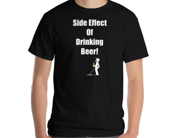 Black t-shirt with side effect of drinking beer saying with guy peeing wearing a motocross helmet while holding a bottle