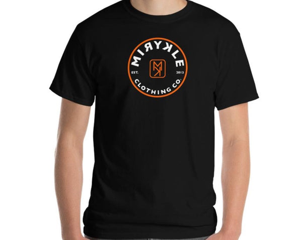 Men’s black t-shirt with orange circle and MIRYKLE Clothing Co in the middle an Action sports brand