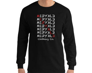 Black long sleeve tee shirt with white MIRYKLE and red diagonal slant in the middle.