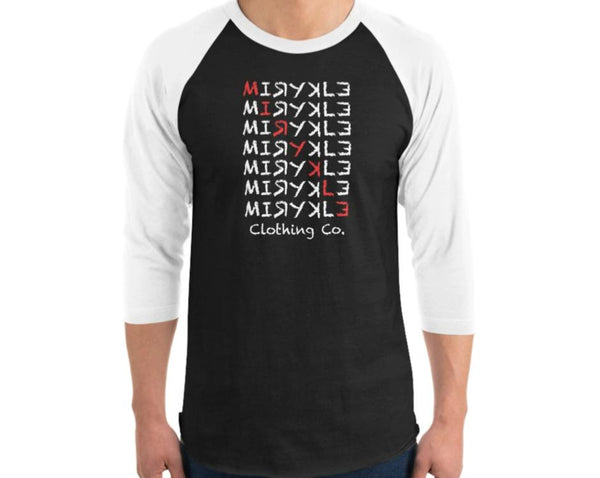 Black Baseball t-shirt with white sleeves and a slanted red  MIRYKLE clothing co design on the chest. 