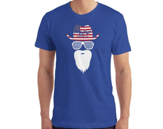 Men’s comfortable black t-shirt with a guy wearing an American flag hat striped sunglasses and a big beard.