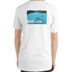Women’s white comfortable tshirt with a girl wakesurfing and lakecation graphic.