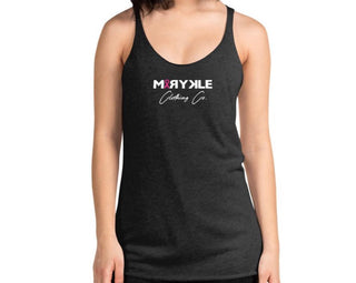 Women’s racerback tank top with MIRYKLE clothing co. Pink ribbon.