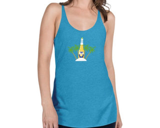 Women’s racerback tank top with MIRYKLE clothing co. bottle of MIRYKLE and palm trees.