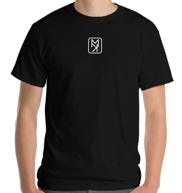 Men’s front black t-shirt with MIRYKLE Clothing Co logo in white. 