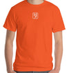 Men’s front orange t-shirt with MIRYKLE Clothing Co logo in white