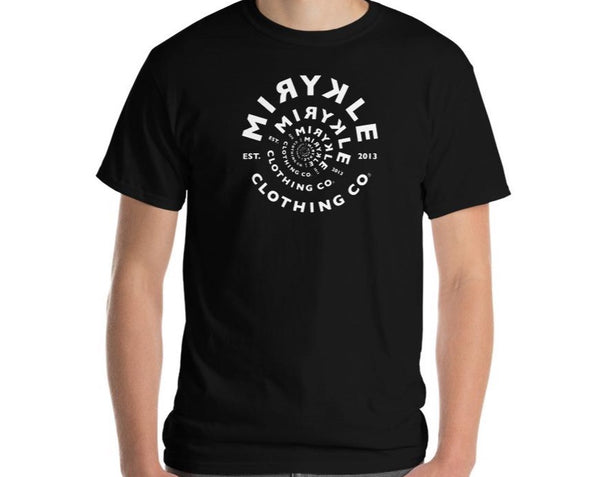 Men’s black t-shirt with white spiral MIRYKLE Clothing custom design