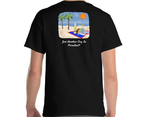 Men’s back black t-shirt with patron bottle on beach and just Another Day In Paradise text.