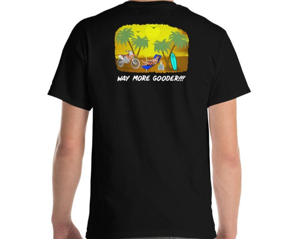 Men’s Black T-shirt With Guy Sitting On The Beach With A Dirtbike And A Surfboard. 