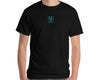 Men’s black T-shirt with MIRYKLE Clothing logo in turquoise.