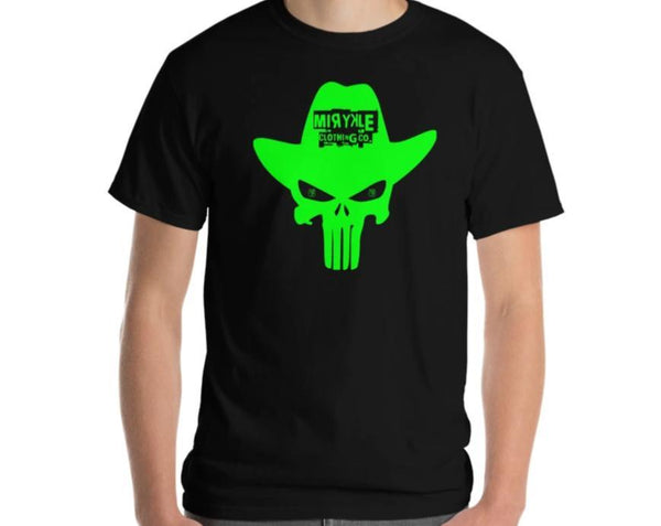 mens classic t-shirt black with lime green skull and cowboy hat