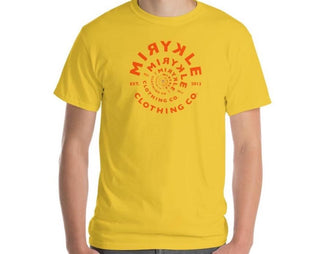 Men’s comfortable yellow t-shirt with orange spiral MIRYKLE clothing co