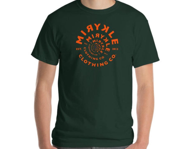 Men’s comfortable forest green t-shirt with orange spiral MIRYKLE clothing co