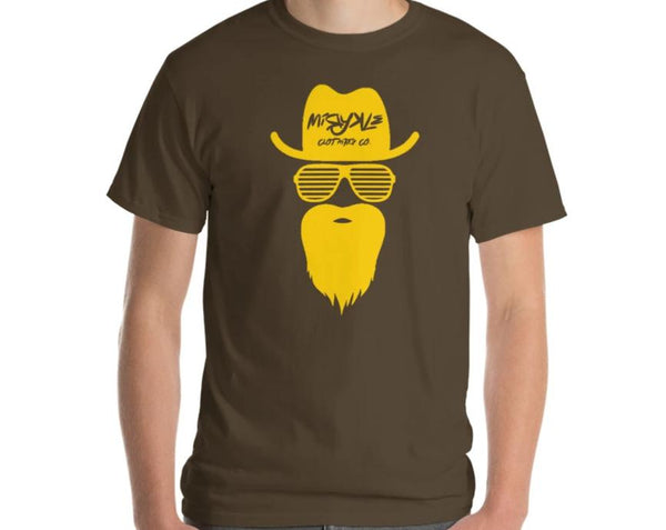 Brown tee shirt with a yellow beard, sunglasses and a cowboy hat