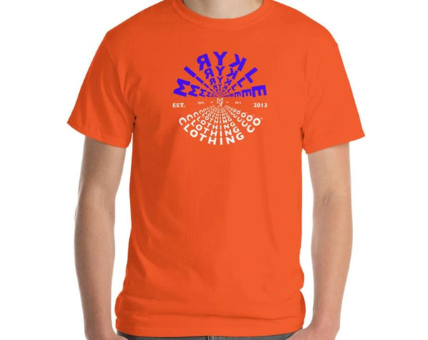 Orange  tee shirt with blue and white MIRYKLE Clothing Co tunnel.