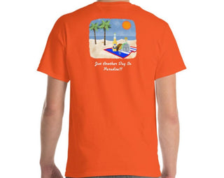 Men’s back orange t-shirt with patron bottle on beach and just Another Day In Paradise text.