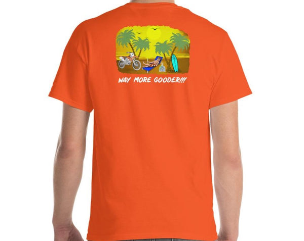 Men’s Orange T-shirt With Guy Sitting On The Beach With A Dirtbike And A Surfboard.