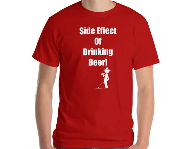 Red tee shirt with a guy wearing a sombrero while going Pee with the saying side Effect Of Beer 