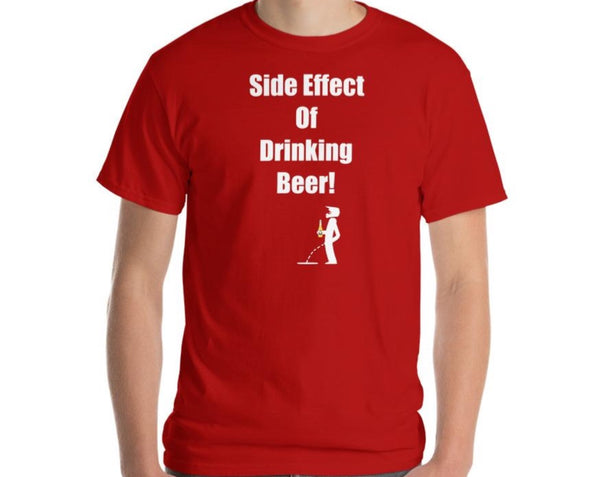 Red t-shirt with side effect of drinking beer saying with guy peeing wearing a motocross helmet while holding a bottle