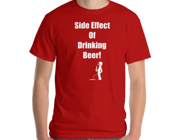 Men’s red t-shirt side effect of drinking beer guy wearing a football helmet and holding a bottle while going Pee MIRYKLE Clothing Co