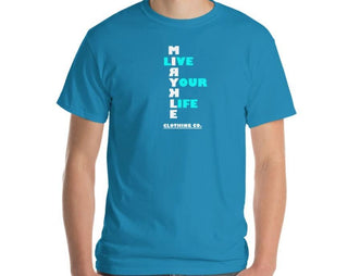 Men’s sapphire t-shirt with MIRYKLE Clothing Co Live Your Life graphic action sports brand 