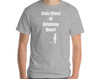 Sports Grey t-shirt with side effect of drinking beer saying with guy peeing wearing a motocross helmet while holding a bottle 