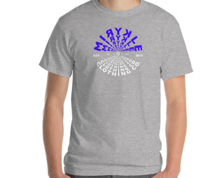 Sports grey tee shirt with blue and white MIRYKLE Clothing Co tunnel.