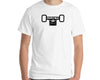 White t-shirt with MIRYKLE Clothing Co black skateboard trucks.