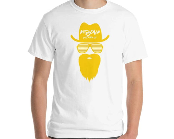 White tee shirt with a yellow beard, sunglasses and a cowboy hat