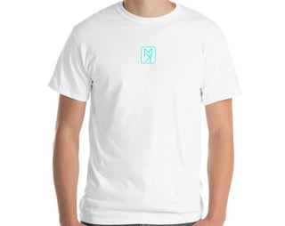 Men’s white T-shirt with MIRYKLE Clothing logo in turquoise.