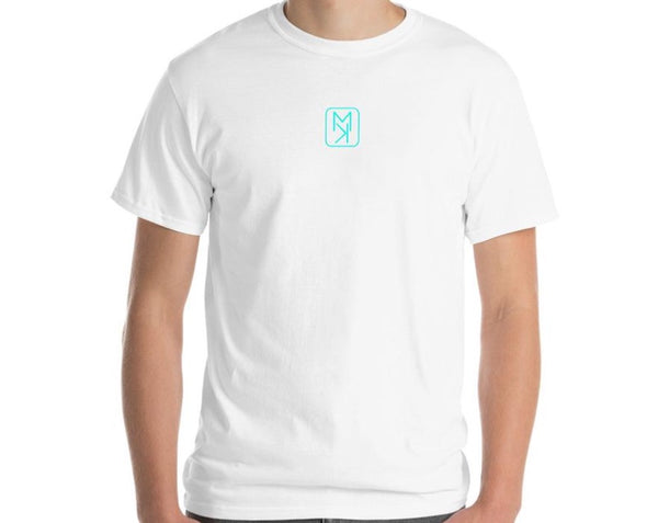 Men’s white T-shirt with MIRYKLE Clothing logo in turquoise.