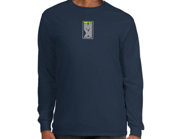 Navy long sleeve shirt with MIRYKLE Clothing MK logo.