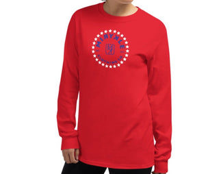 Red long sleeve shirt with white circle of Stars MIRYKLE clothing logo.