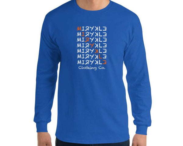 Blue warm long sleeve tee with white MIRYKLE font and orange diagonal slant through the middle.