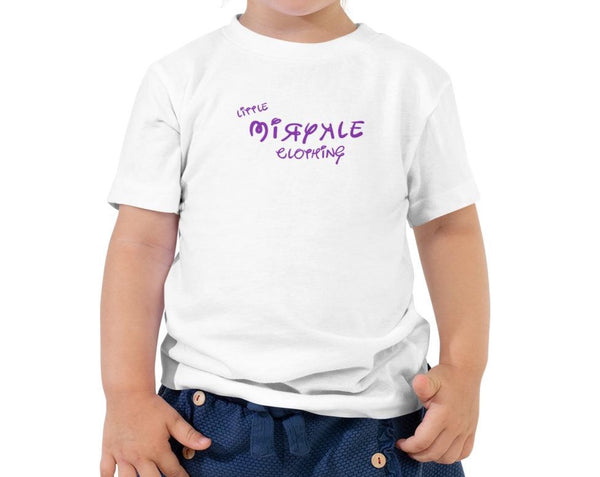 Toddler white short sleeve t-shirt with little MIRYKLE Clothing Co. purple Disney design 