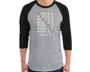 Grey Baseball t-shirt with black sleeves and a slanted red  MIRYKLE clothing co design on the chest. 