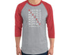 Grey Baseball t-shirt with red sleeves and a slanted red  MIRYKLE clothing co design on the chest. 