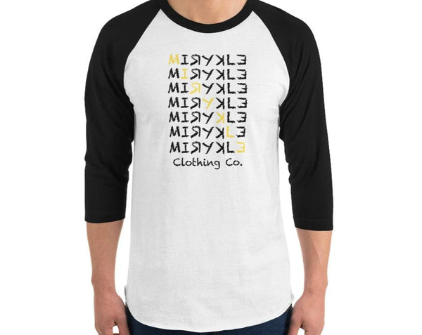 White baseball tee with black sleeves and black MIRYKLE font with yellow slant through the middle. 