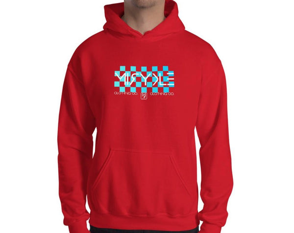 Red hoodie with light blue checkers 