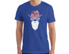 Men’s comfortable royal blue t-shirt with a guy wearing an American flag hat striped sunglasses and a big beard.