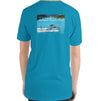 Women’s aqua comfortable tshirt with a girl wakesurfing and lakecation graphic.