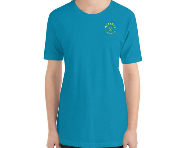Women’s aqua comfortable T-shirt with small yellow MIRYKLE Clothing Co. circle logo on lest chest.