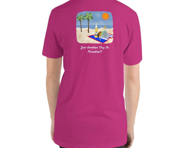 Women’s Berry Colored T-shirt With Just Another Day In Paradise Along With Spirits, Tacos And The Sunset On The Beach