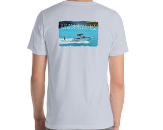 Men’s comfortable white t-shirt with lakecation and a man Wakesurfing graphic.
