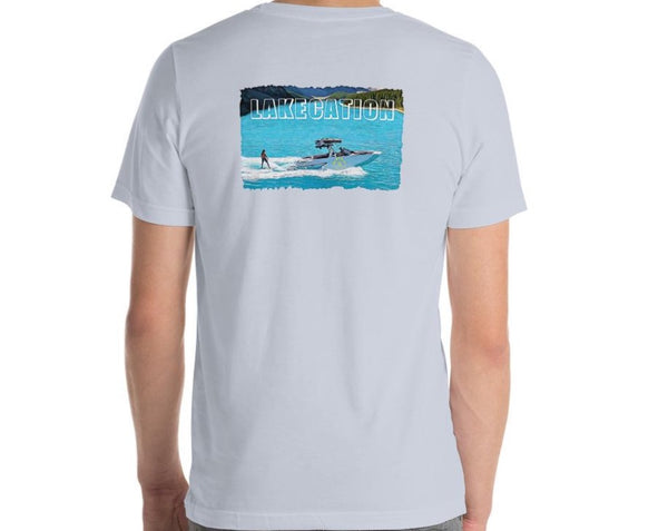Men’s comfortable light blue t-shirt with lakecation and a man Wakesurfing graphic.