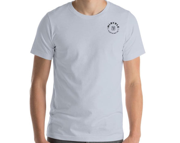 Men’s comfortable light blue t-shirt with small black MIRYKLE Clothing Co. circle logo.
