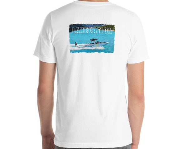 Men’s comfortable white t-shirt with lakecation and a man Wakesurfing graphic.