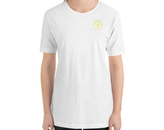 Women’s white comfortable T-shirt with small  yellow MIRYKLE Clothing Co. circle logo on lest chest.